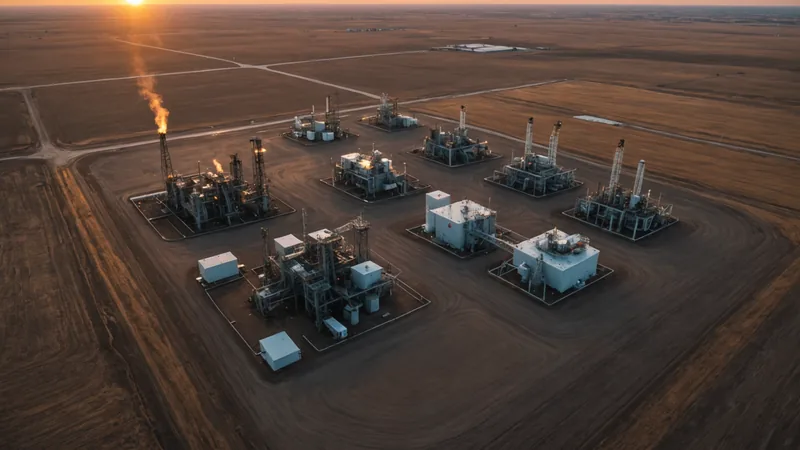 Gas wellhead equipment at a production pad with a flare stack visible