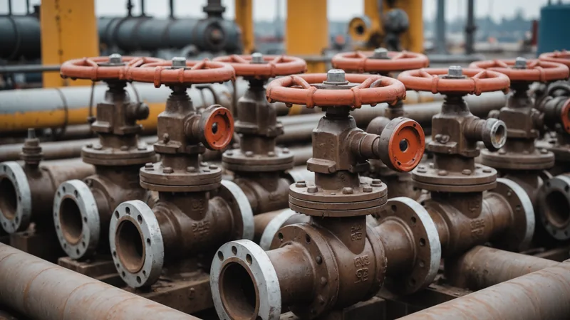 Close-up of industrial valve manifold equipment on a natural gas production pad