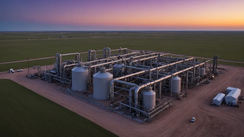 Midstream natural gas gathering pipeline infrastructure at dusk in a rural area