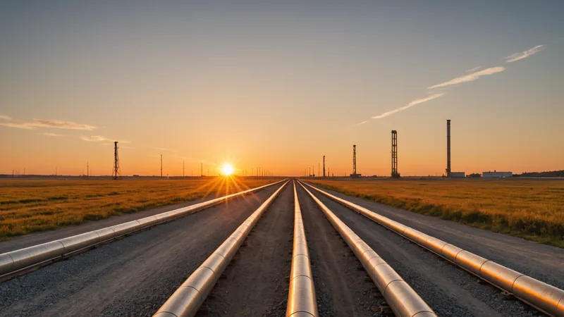 Pipeline infrastructure at dusk with a carbon credit document in the foreground