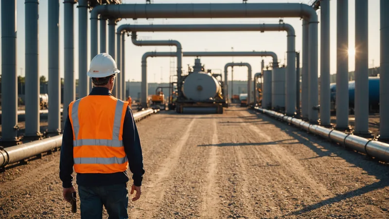 Technician in hard hat conducting OGI walk-down survey at a gas production site