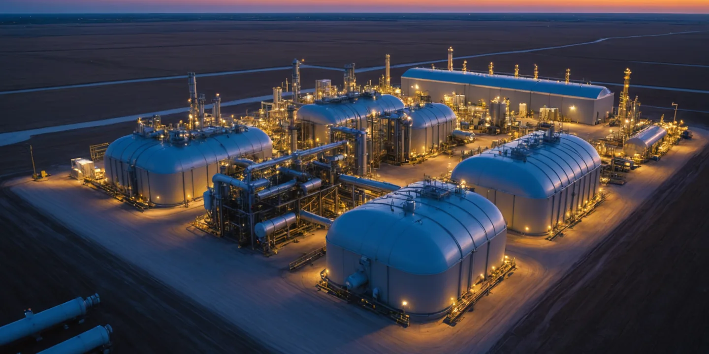 Aerial view of a natural gas compressor station at dusk, pipe runs and storage tanks visible under safety lighting
