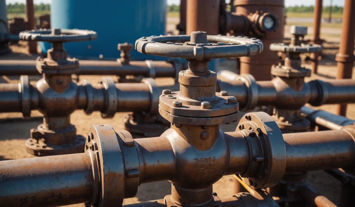 A field technician wearing PPE inspects a natural gas wellhead valve cluster at a pad site